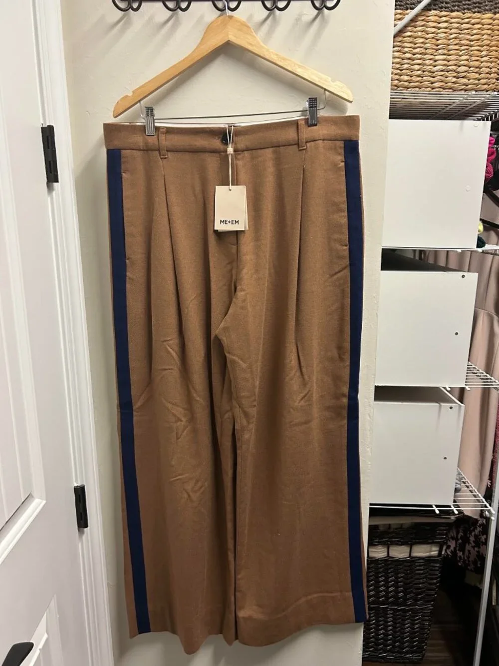 ME+EM Fluid Tailoring Pleat Straight Pant Camel with Blue Stripe NWT